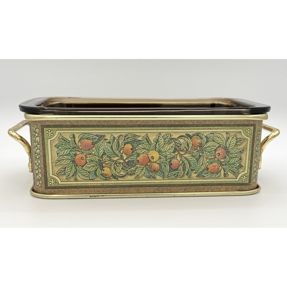 Vintage Pyrex 213 Fruit Harvest Amber Loaf Pan‎ w Metal Cradle 1.5 Qt